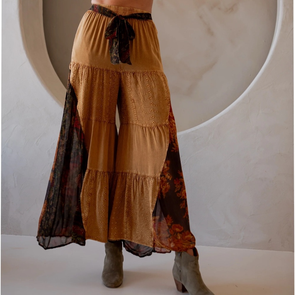 Young Threads Rustic Bohemian Side Paneled Patchwork Wide Leg Pants In Camel L